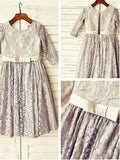 A-line/Princess Scoop 3/4 Sleeves Tea-Length Lace Flower Girl Dresses TPP0007888