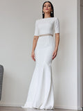 Sheath/Column Stretch Crepe Ruched Scoop 1/2 Sleeves Sweep/Brush Train Wedding Dresses TPP0007027