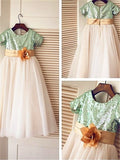 A-line/Princess Short Sleeves Scoop Sequin Tea-Length Tulle Flower Girl Dresses TPP0007865