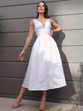 A-Line/Princess Satin Ruched V-neck Sleeveless Tea-Length Wedding Dresses TPP0007021