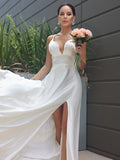 A-Line/Princess Satin Ruched V-neck Sleeveless Sweep/Brush Train Wedding Dresses TPP0007022