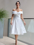 A-Line/Princess Satin Ruffles Off-the-Shoulder Sleeveless Knee-Length Wedding Dresses TPP0007033