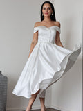 A-Line/Princess Satin Ruffles Off-the-Shoulder Sleeveless Tea-Length Wedding Dresses TPP0007025