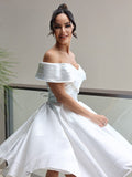 A-Line/Princess Satin Ruffles Off-the-Shoulder Sleeveless Knee-Length Wedding Dresses TPP0007033