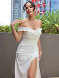 Sheath/Column Satin Ruched Off-the-Shoulder Sleeveless Sweep/Brush Train Wedding Dresses TPP0007029