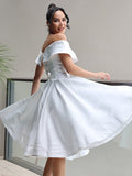 A-Line/Princess Satin Ruffles Off-the-Shoulder Sleeveless Knee-Length Wedding Dresses TPP0007033