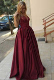 Burgundy Simple A-Line Satin V-Neck Spaghetti Straps Long Floor Length Evening Dresses