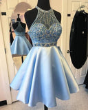 Elegant A-line Jewel Short Halter Sleeveless Satin Beads Light Blue Short Prom Dresses