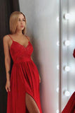 Sexy Red V-Neck Spaghetti Straps Satin Lace Bodice Floor Length Split Prom Dresses