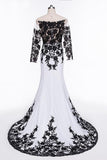 Elegant White Black Lace Appliques Mermaid Long Sleeves Satin Prom Dresses