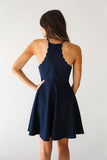 A Line Dark Navy Cute Halter High Neck Satin Short Homecoming Dress