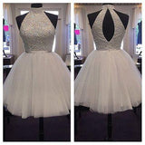 Chic Halter Sexy Open Back White Beading Sleeveless Short Tulle Homecoming Dress