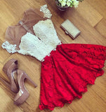 Cute Red Lace Short Sleeve Knee Length Homecoming Dress Cheap Cocktail Dresses